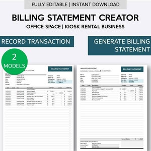 May include: A printable Excel template for creating billing statements for office space or kiosk rental businesses. The template includes two models, one for recording transactions and one for generating a billing statement. The template is compatible with Excel 2007 and later versions.