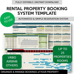 Puede incluir: Una plantilla de hoja de cálculo de Excel imprimible en verde y blanco para gestionar las reservas de propiedades de alquiler. La plantilla incluye un calendario, un resumen de las reservas y un gráfico de los principales contribuyentes de canales. El texto "Hasta 25 propiedades Habitaciones" está en un cuadro verde. El texto "Grow Sheet" está en un cuadro verde con una flor blanca.