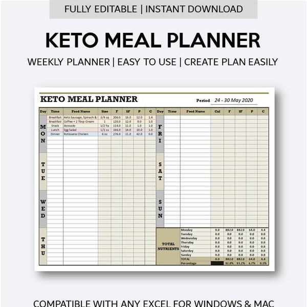 Keto Meal Planner - Excel Template | Fully Editable Ketogenic Weekly Planner with Meal Ideas List with Automatic Carbs Calculator