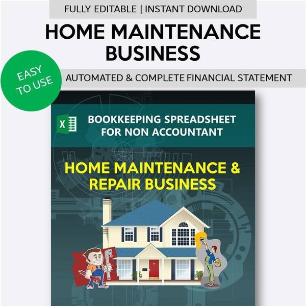 Home Maintenance and Repair Business Bookkeeping Spreadsheet for Non Accountant | Home Renovation Financial Statement Template