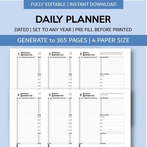 May include: A black and white daily planner with a simple design. The planner is dated and can be set to any year. It has a prioritized task list, meal planner, goals, affirmations, and mood tracker. The planner is fully editable and can be printed on four different paper sizes.