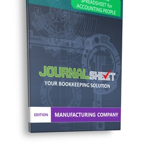 May include: A blue and green box with the text "ACCOUNTING SPREADSHEET for ACCOUNTING PEOPLE" and "JOURNALSHEET YOUR BOOKKEEPING SOLUTION" on it. The box also has the text "EDITION MANUFACTURING COMPANY" on it.