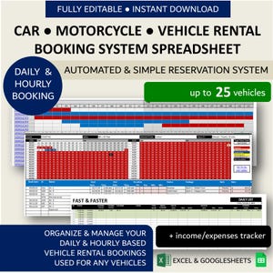 Car Rental Daily Hourly Booking System | Motorcycle Rental Reservation Management | Vehicle Booking Template | XL | GSheets | 25 Vehicles
