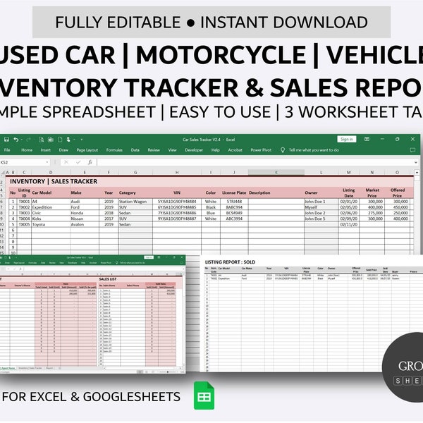 Inventario de autos usados y rastreador de ventas / Gestión de listas de vehículos / Base de datos de inventario simple / Excel / Hojas de cálculo de Google