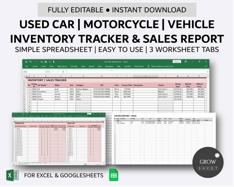 Used Car Inventory and Sales Tracker Vehicle Listing Management Simple Inventory Database Excel Google Sheets image 1