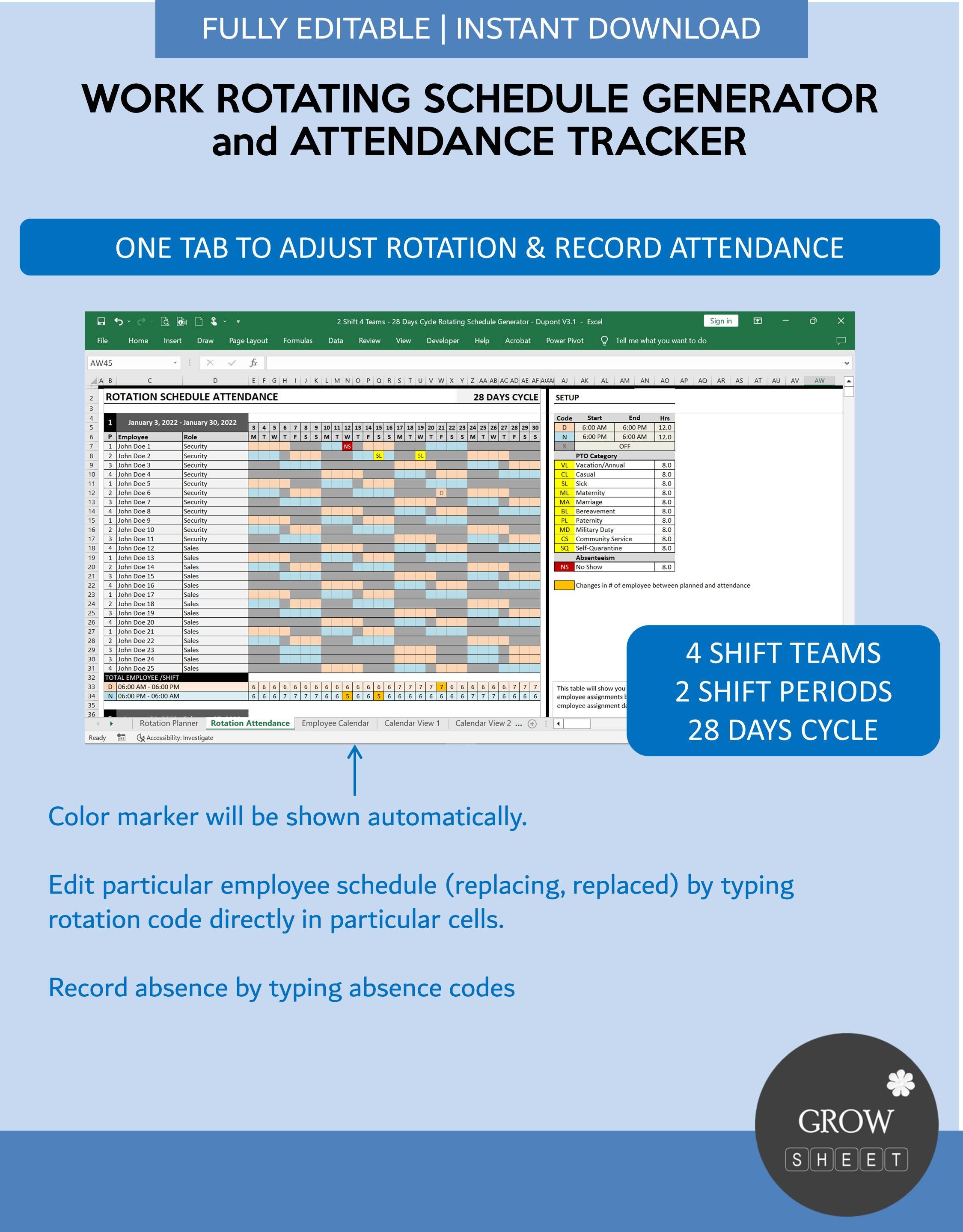 Work Rotating Generator Template and Attendance Tracker | Automated ...