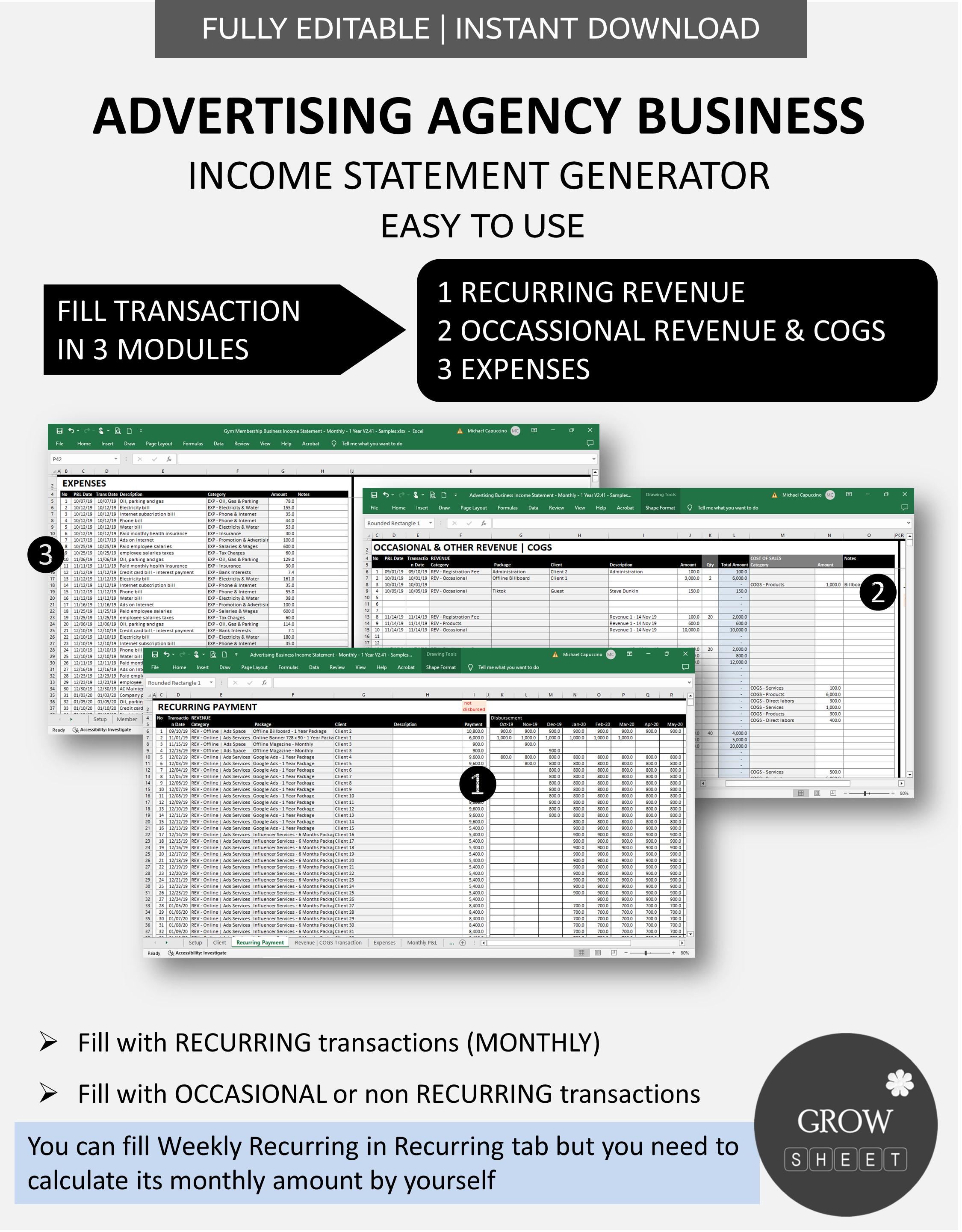 Advertising Agency Business Income Statement Generator | Monthly ...