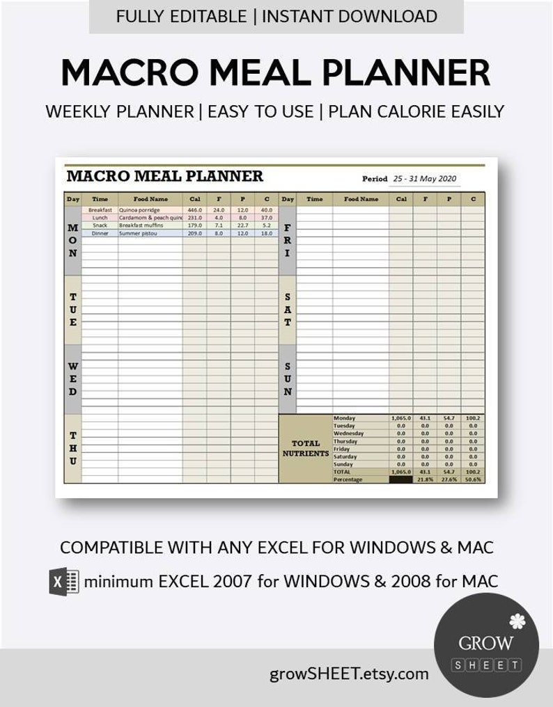 Macro Meal Planner Excel Template Fully Editable Weekly Etsy