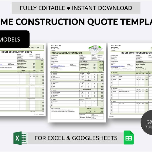 Printable House Construction Quote Template | Price Quotation Form for Excel and Google Sheets | Project Quotation Spreadsheet