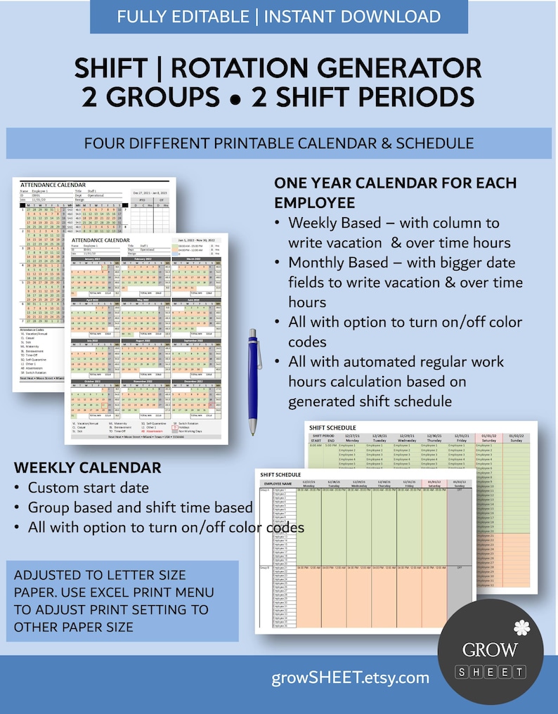 Employee Work Shift Rotating Schedule Generator Early and Etsy Canada