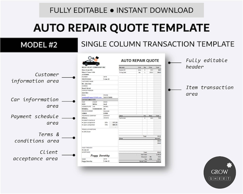 Printable Auto Repair Quote Template for Excel and Google Sheets