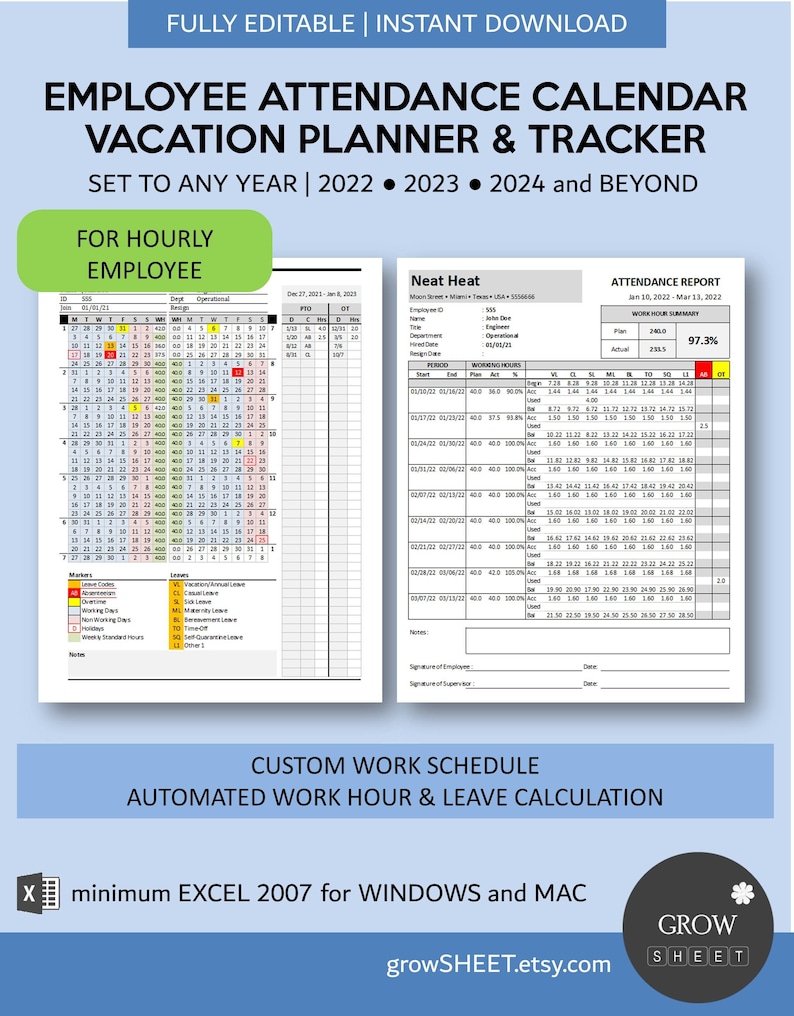 Hourly Employee Attendance Calendar 2022 2023 2024 and - Etsy