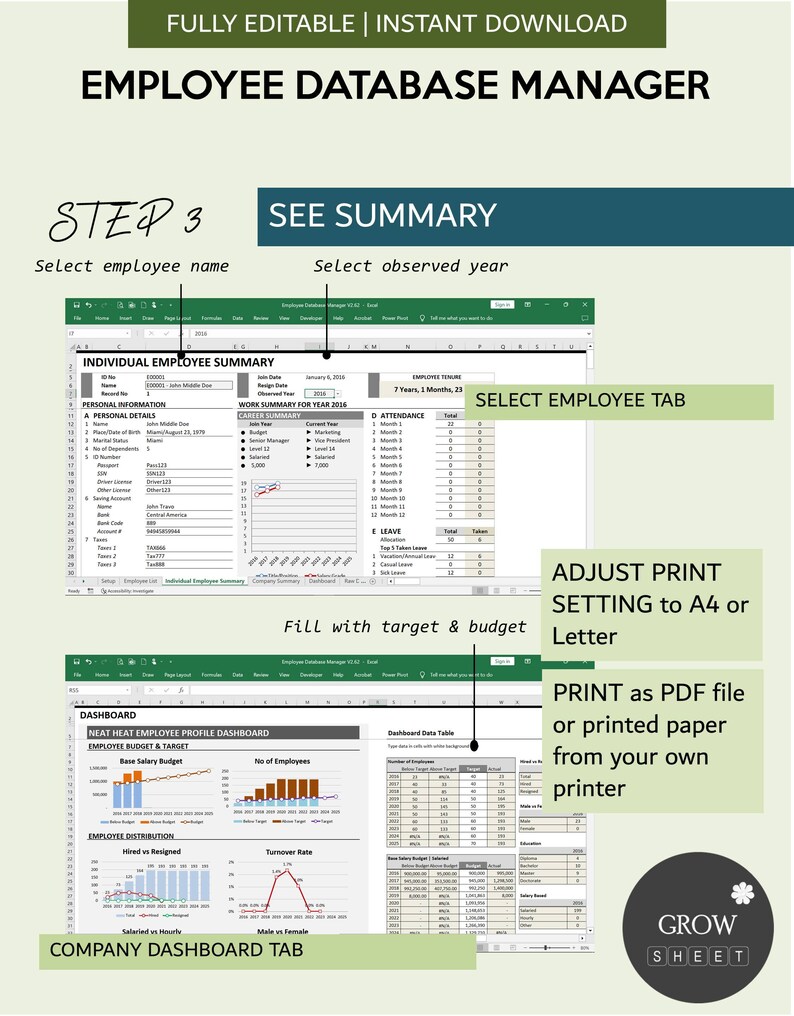 Employee Database Management System for Excel and Google Sheets | Human ...