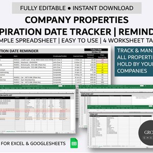 May include: A digital spreadsheet template for managing company assets and tracking expiry dates. The image displays multiple spreadsheet tabs with data, including license details, employee information, and renewal amounts. Text includes "FULLY EDITABLE" and "EASY TO USE".