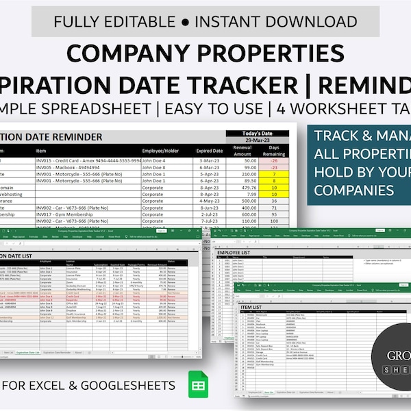 Company Property Expiry Date Tracker | Simple Company Inventory Database with Expiration Date Reminder | Excel | Google Sheets