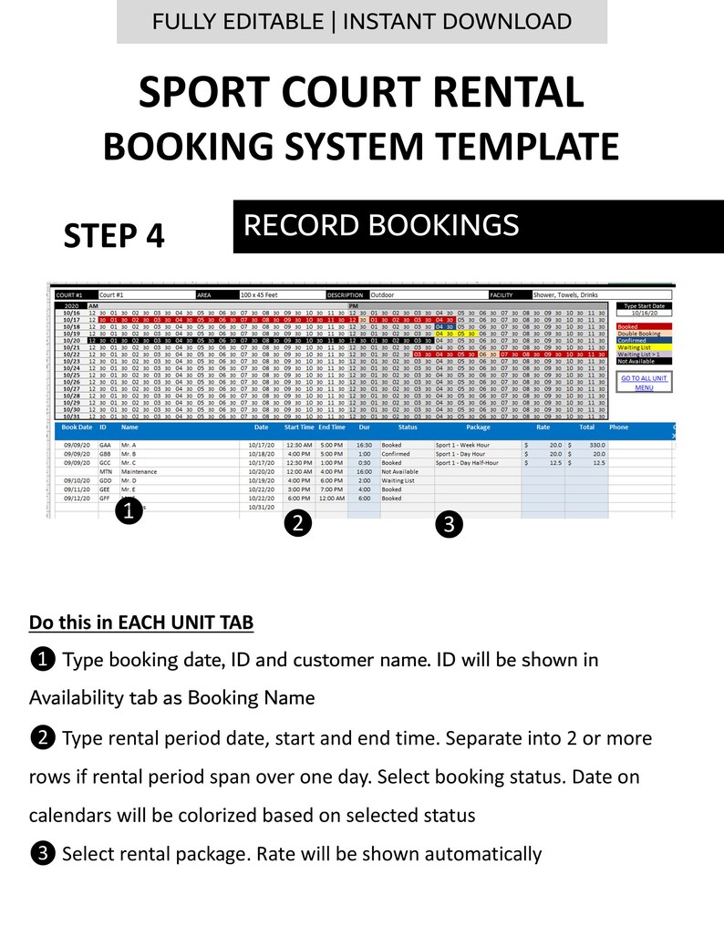 Sport Court Booking System Template | Half-Hourly Court Rental Reservation Manager | Excel | Googlesheet | 25 Courts image 9