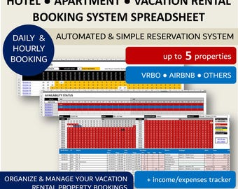 Vacation Rental Property Daily Hourly Booking System Template | Hotel - VRBO - airbnb Reservation Management | XL | GSheets | 5 Rooms