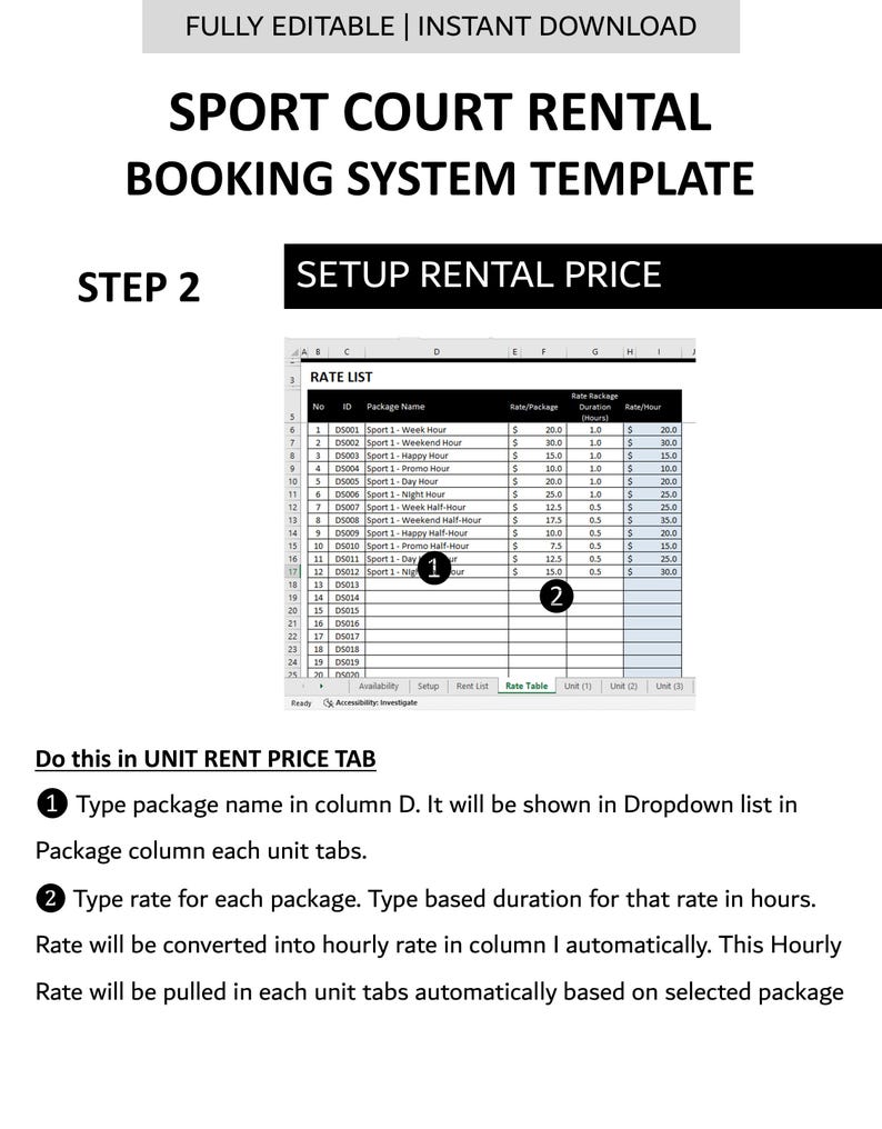 Sport Court Booking System Template | Half-Hourly Court Rental Reservation Manager | Excel | Googlesheet | 25 Courts image 7