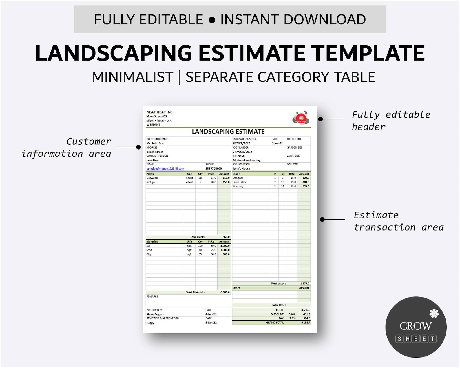 Printable Landscaping Estimate Template for Excel and Google Sheets