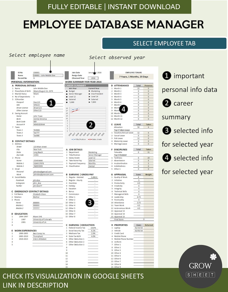 Employee Database Management System for Excel and Google Sheets | Human ...