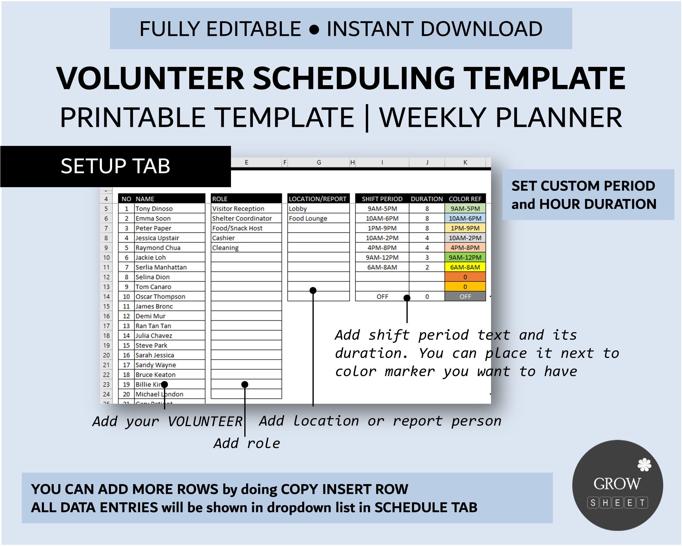Volunteer Scheduling Template for Excel and Google Sheets | Multi Roles-location-shift Period ...