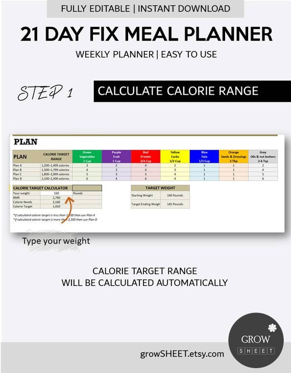 21 Day Fix Meal Planner Excel Template Weekly Diet Planner With