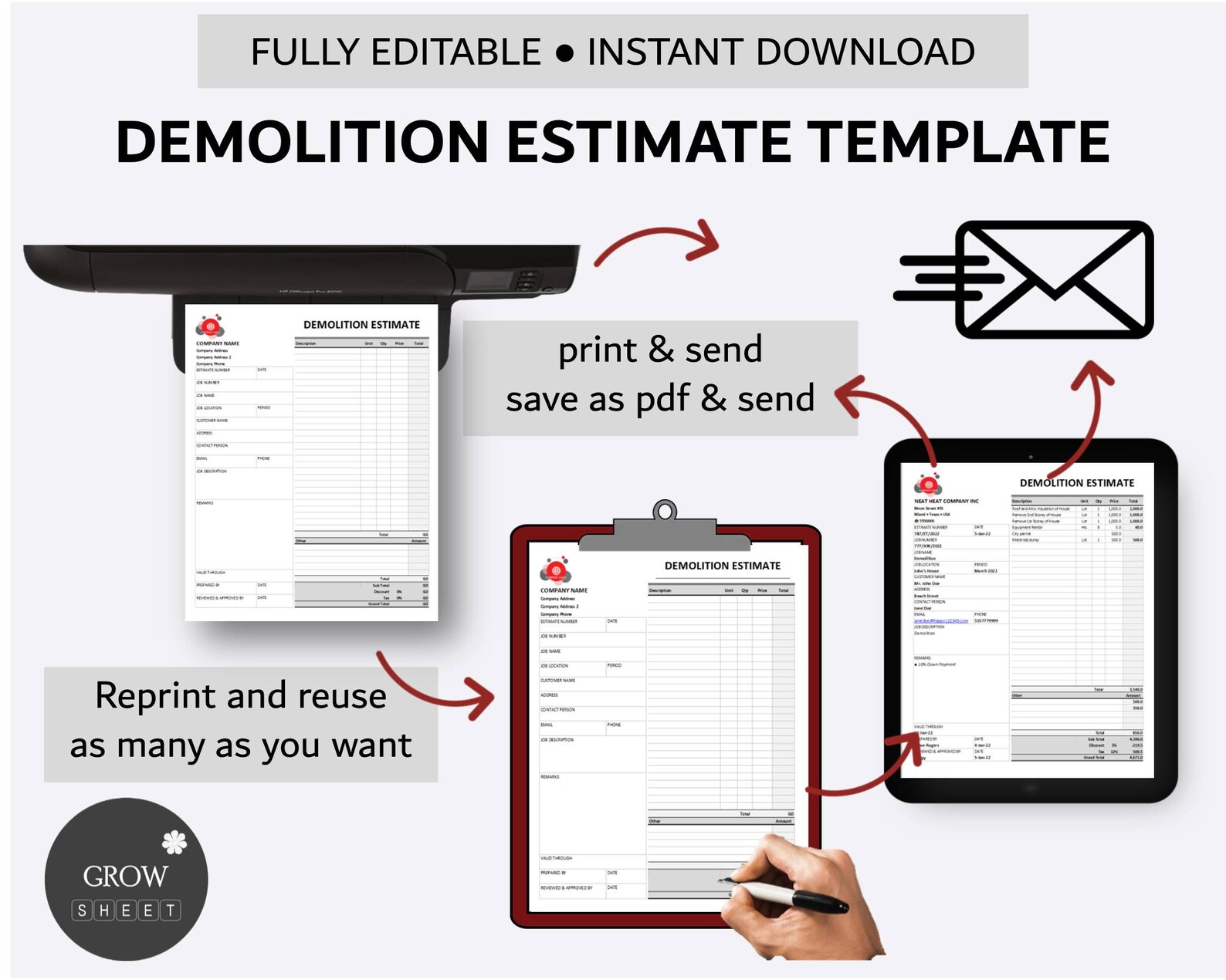 Printable Demolition Estimate Template For Excel And Google Etsy
