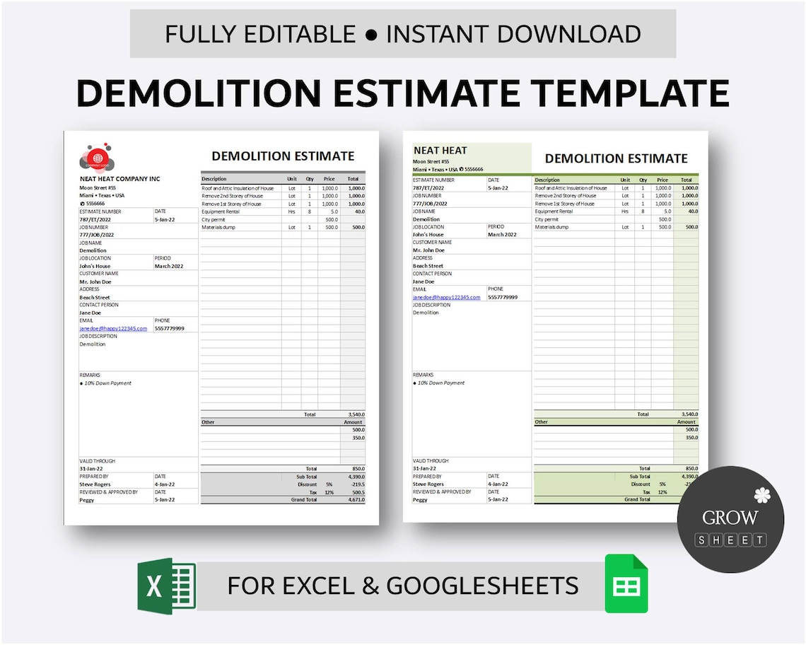 Printable Demolition Estimate Template for Excel and Google Sheets Printable Demolition Estimate Template for Excel and Google Sheets