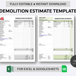 Printable Demolition Estimate Template for Excel and Google Sheets | Construction Estimate Form | Job Estimate Spreadsheet