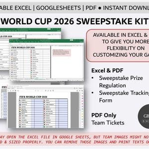 May include: A digital World Cup 2026 Sweepstake Kit, available in Excel and PDF formats. The image shows spreadsheets with team lists and prize regulations. The kit includes a sweepstake tracking form and team tickets. Text on the image says "Editable Excel | Google Sheets | PDF | Instant Download."
