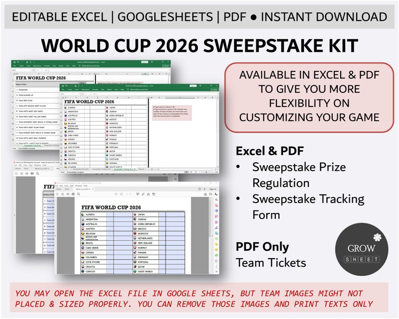 May include: A digital World Cup 2026 Sweepstake Kit, available in Excel and PDF formats. The image shows spreadsheets with team lists and prize regulations. The kit includes a sweepstake tracking form and team tickets. Text on the image says "Editable Excel | Google Sheets | PDF | Instant Download."