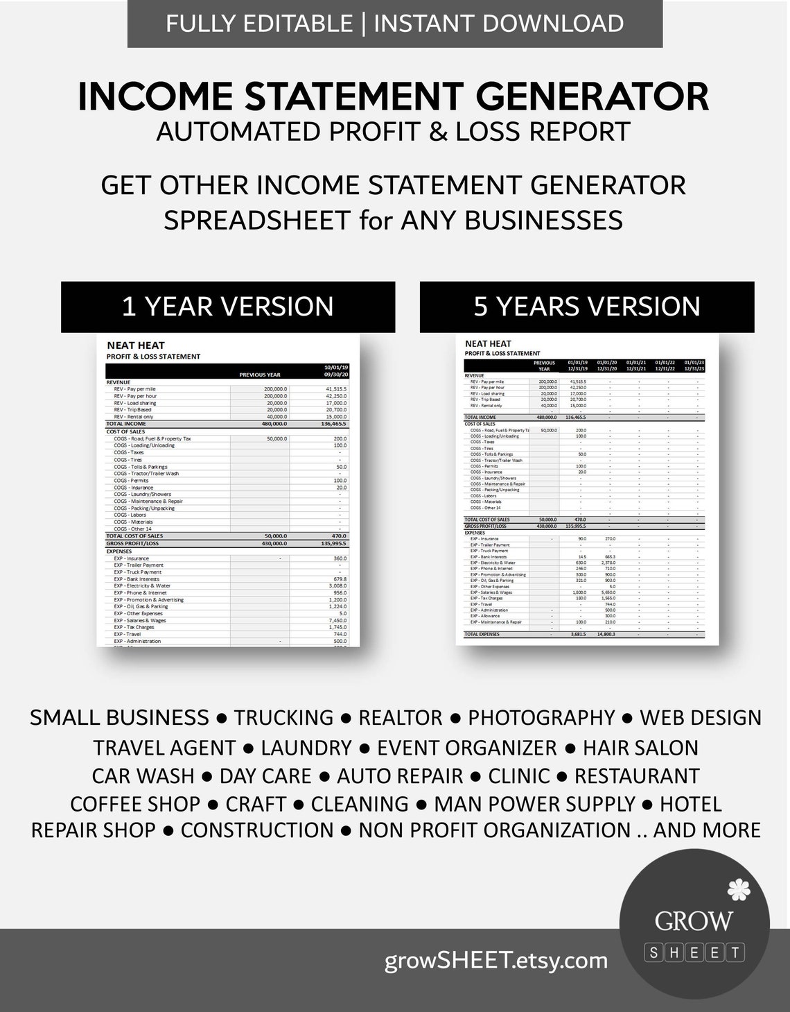 Cleaning Service Business Statement Generator Profit & Loss