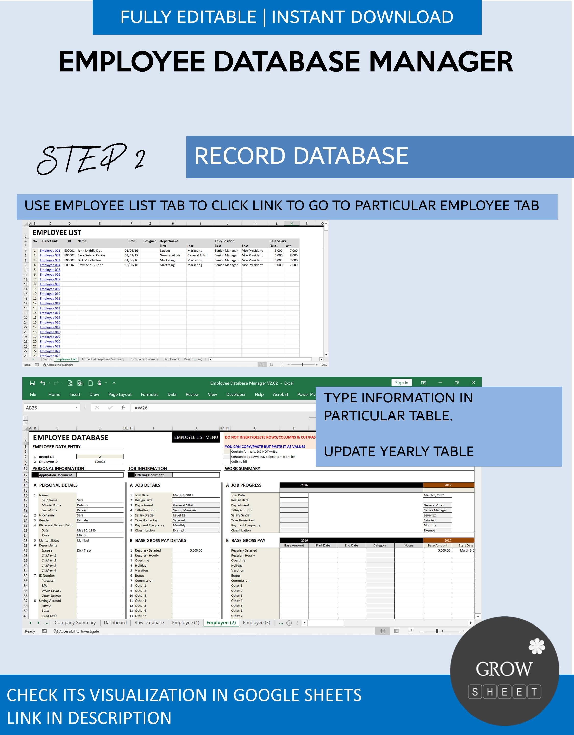 Employee Database Management System for Excel and Google Sheets Human ...