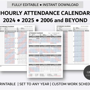 Afdrukbare aanwezigheidskalender voor werknemers per uur | Aangepaste aanwezigheidskalender 2024 - 2025 - 2026 en daarna | Verlaat Planner en Tracker-formulier