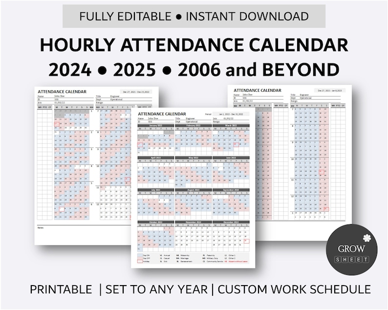 Printable Hourly Employee Attendance Calendar | Custom Attendance ...