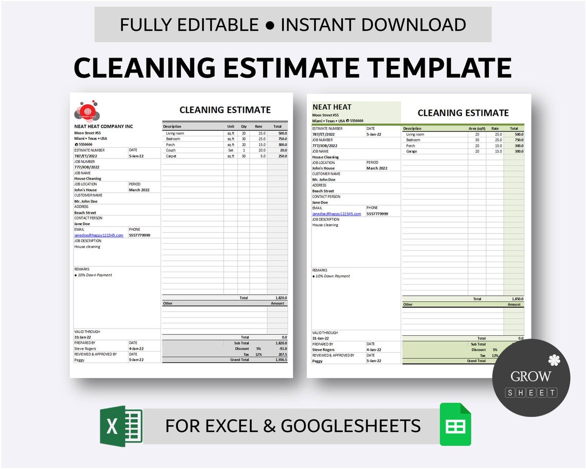 Printable Cleaning Estimate Template for Excel and Google Sheets | Work ...
