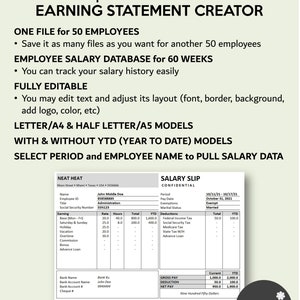 Pay Stub Generator | Salary Slip Creator with Hourly Employee Database | Weekly Pay Period | Payroll Manager for Excel and Googlesheets image 2