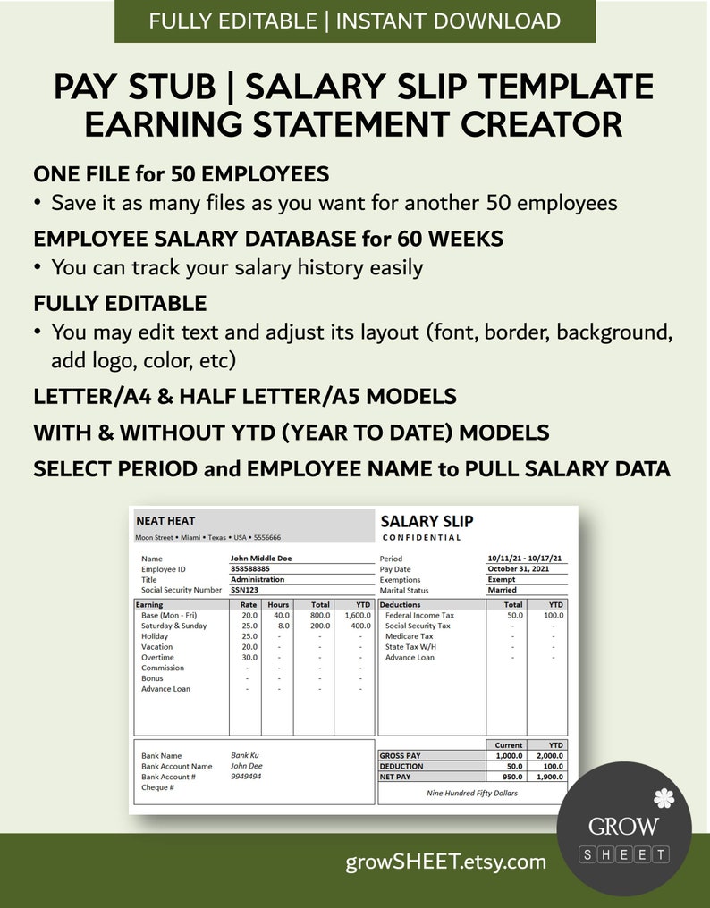 Pay Stub Generator | Salary Slip Creator with Hourly Employee Database | Weekly Pay Period | Payroll Manager for Excel and Googlesheets image 2