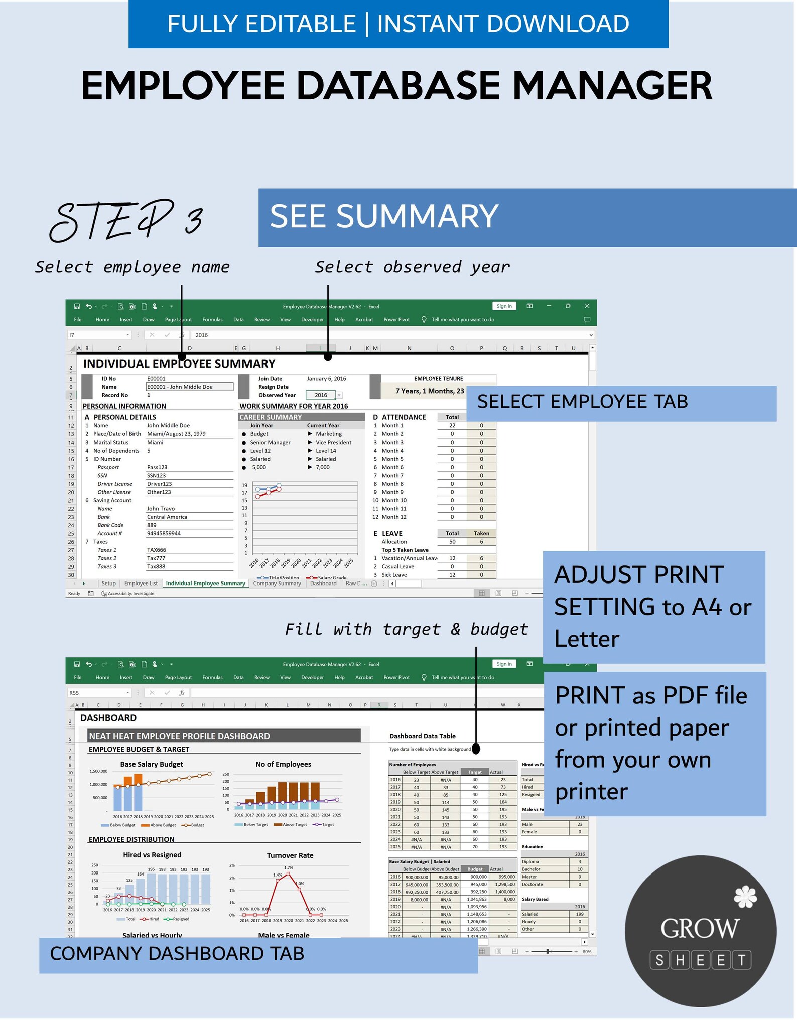 Employee Database Management System for Excel and Google Sheets | Human ...