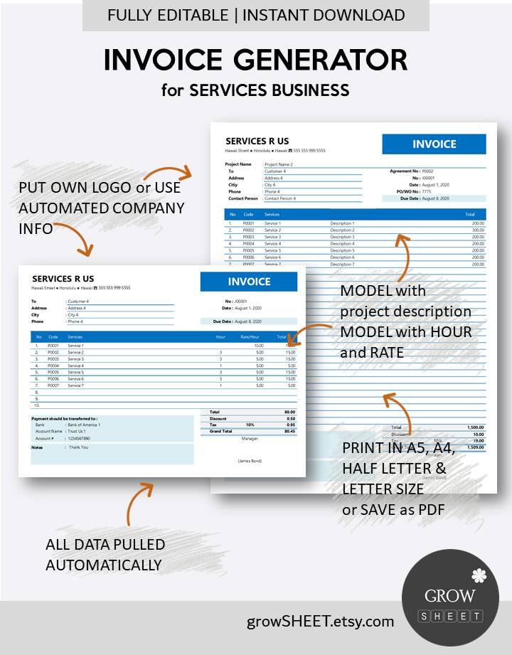 Invoice Generator for Services Business | Excel Invoice Template for ...