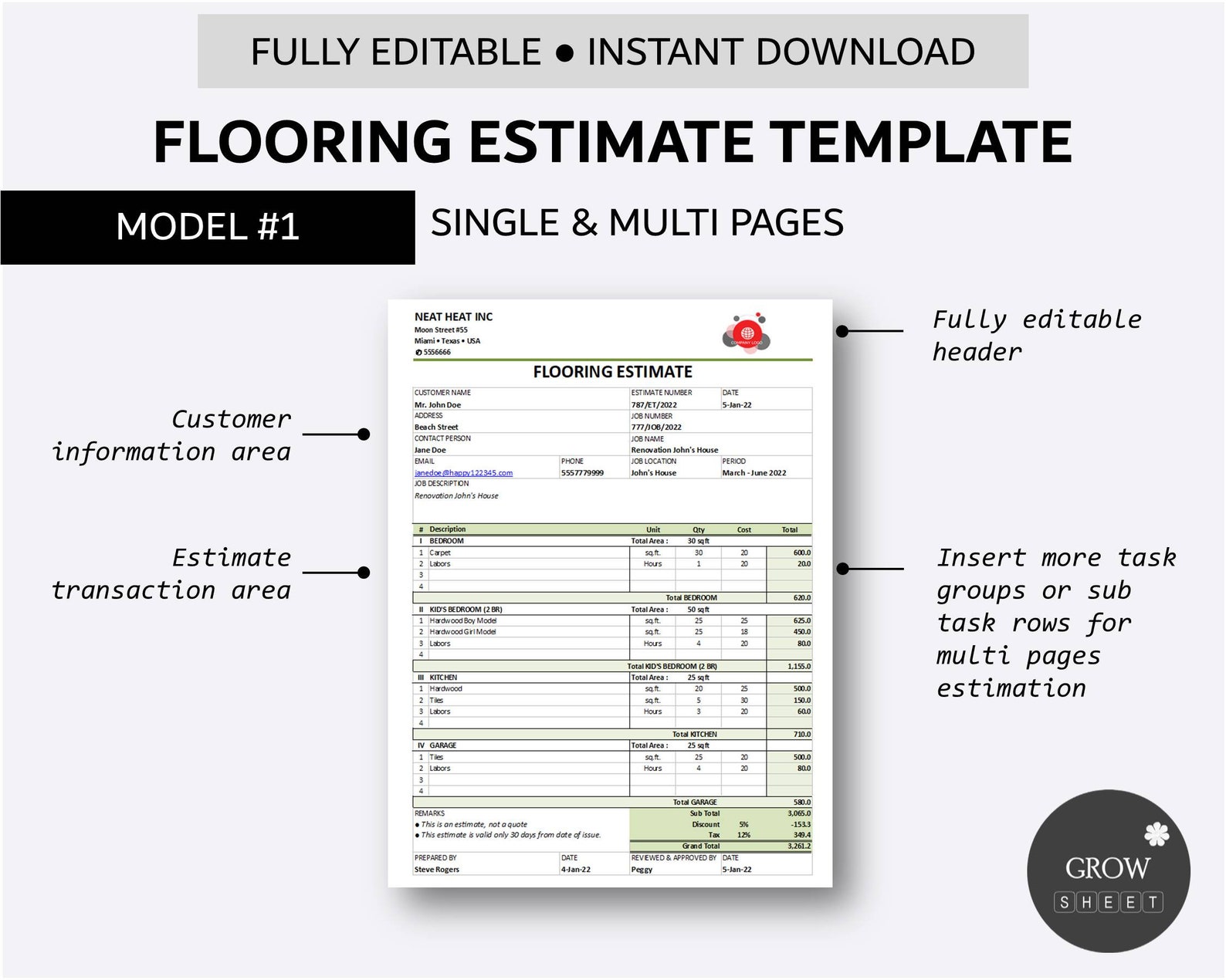 Flooring Estimate Template for Excel and Google Sheets | Printable ...