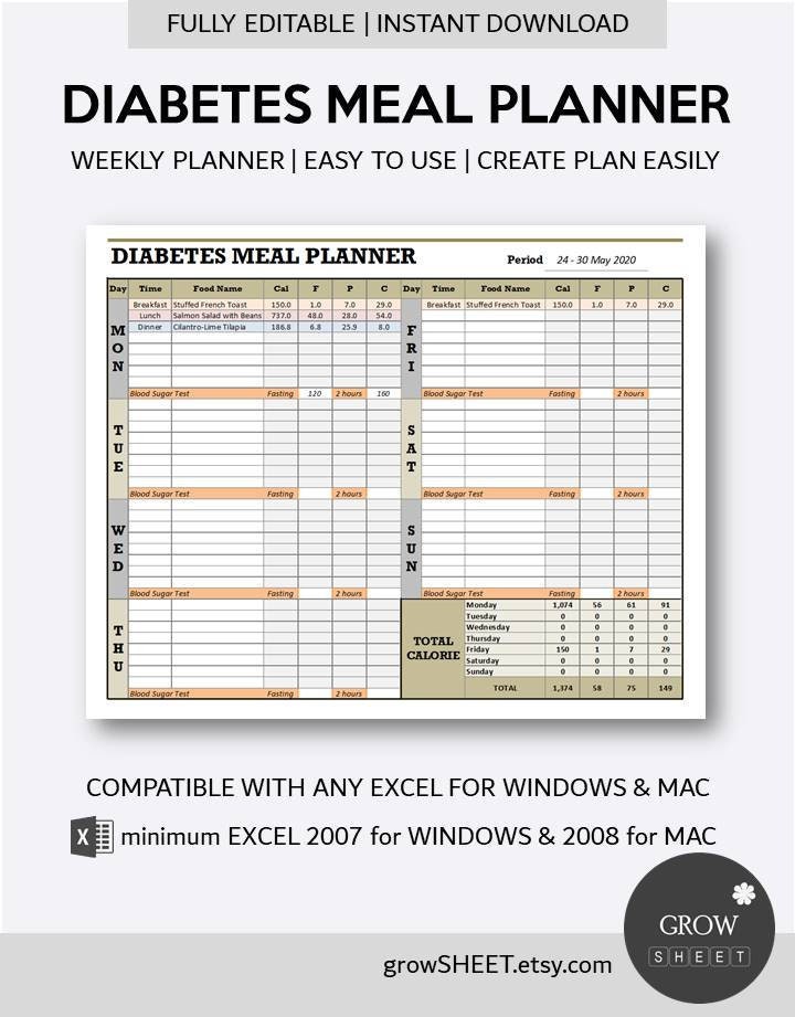 Diabetes Meal Planner Excel Template Fully Editable Weekly Menu Diabetes Meal Planner Excel Template Fully Editable Weekly Menu