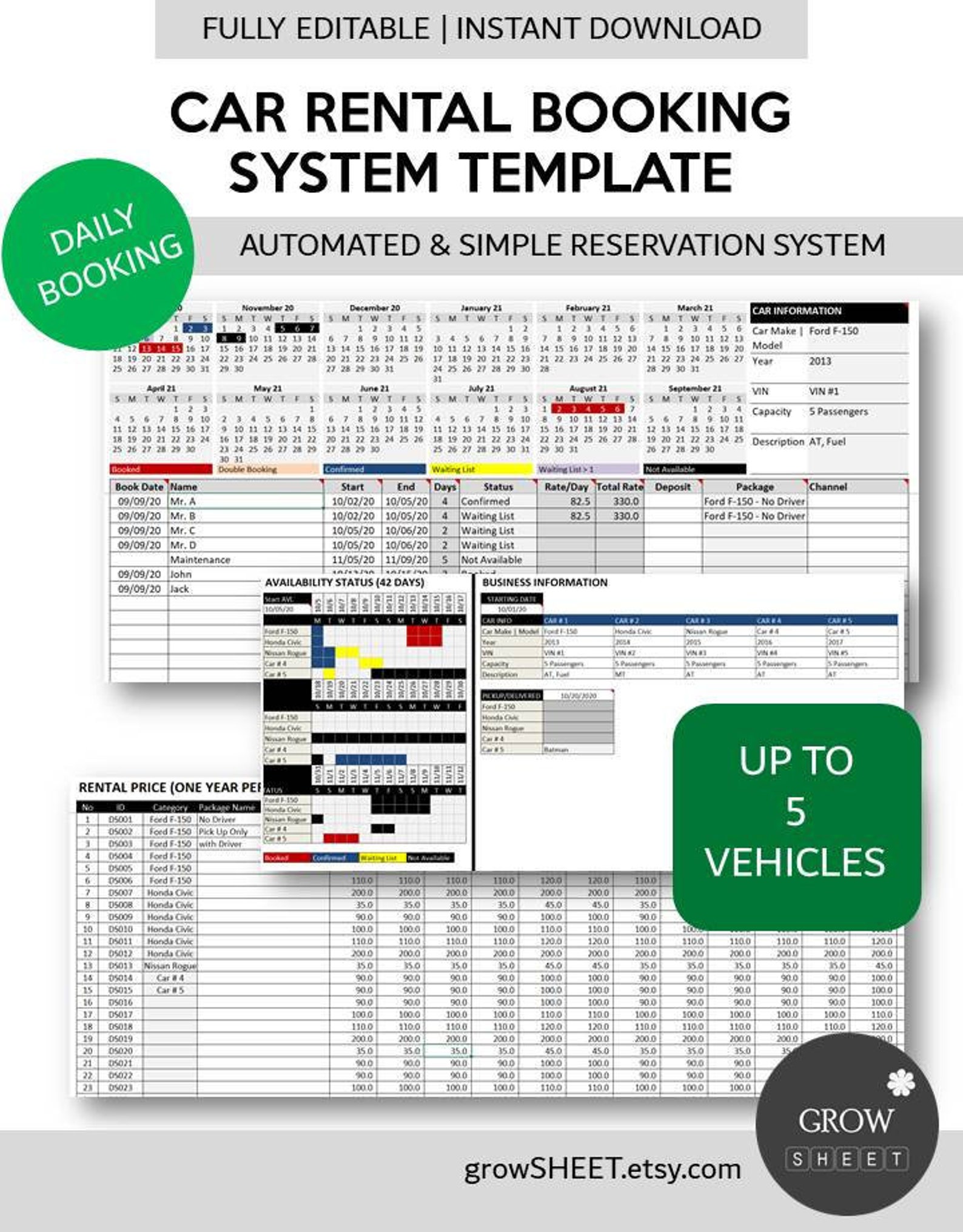 Car Rental Daily Booking Template Auto Rental Reservation Etsy