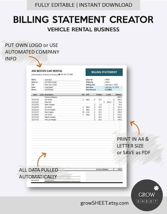 billing statement creator for car rental excel billing etsy new zealand