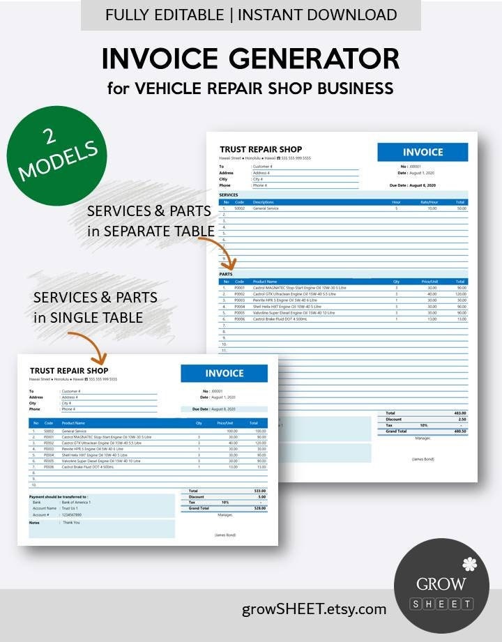 Invoice Generator for Repair Shop Business | Excel Invoice Template for ...