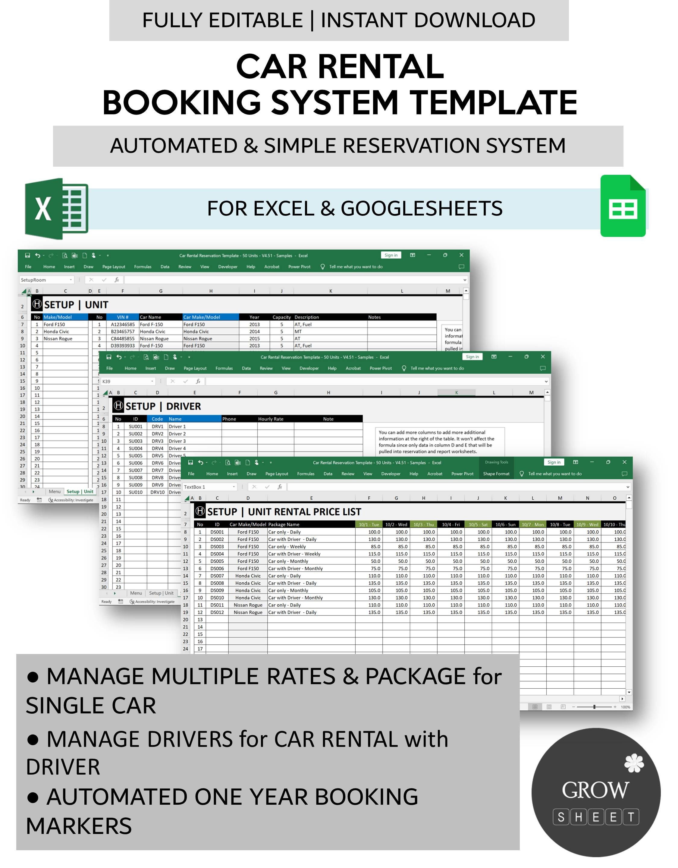 Car Rental Booking System Template Vehicle Reservation Spreadsheet for ...