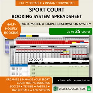Sport Court Booking System Template | Half-Hourly Court Rental Reservation Manager | Excel | Googlesheet | 25 Courts image 1