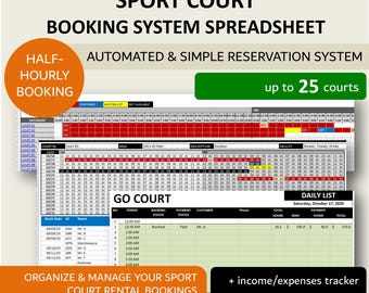 スポーツコート予約システムテンプレート | 30分ごとのコートレンタル予約マネージャー | Excel | Googleシート | 25コート
