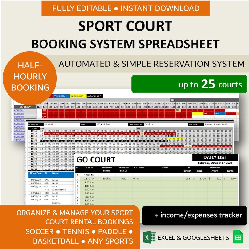 Sport Court Booking System Template | Half-Hourly Court Rental Reservation Manager | Excel | Googlesheet | 25 Courts image 1