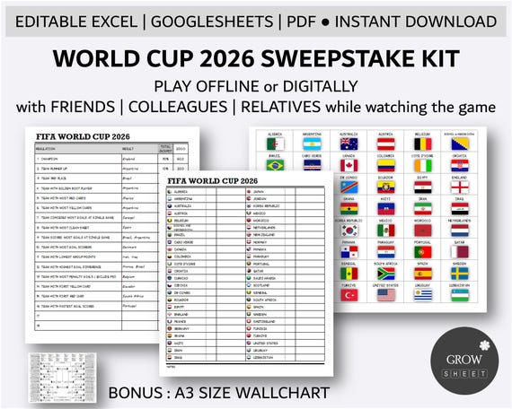 World Cup 2026 Sweepstake Kit | Football Tournament Fun Game | Printable World Cup Family and Kids Game | World Cup 2026 Game | Excel | PDF
